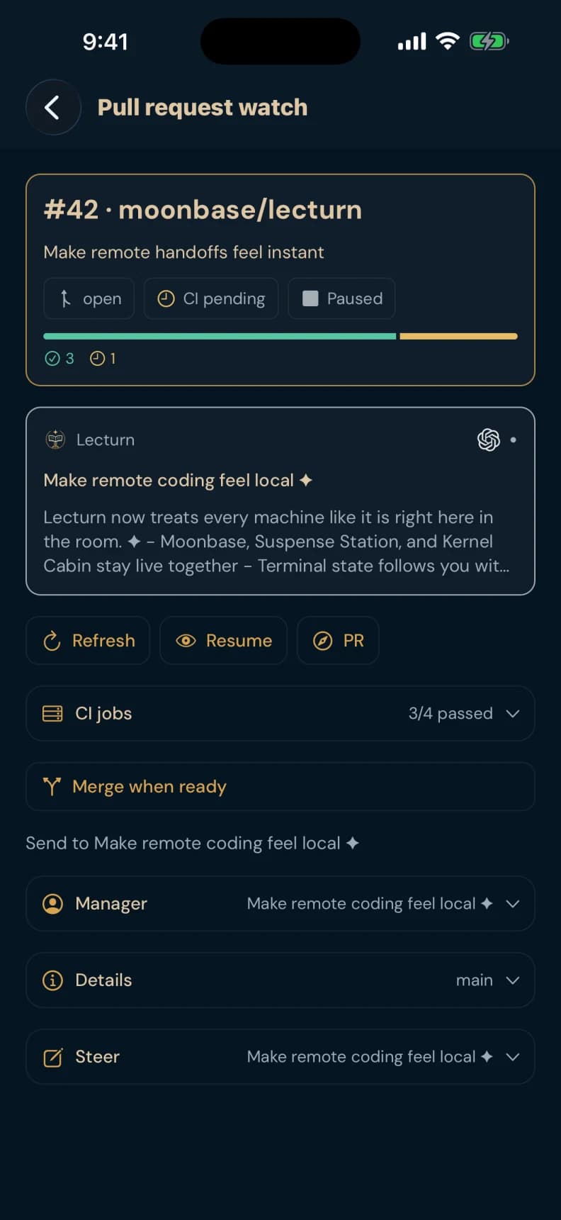Lecturn iPhone PR review with sample CI checks and steering controls