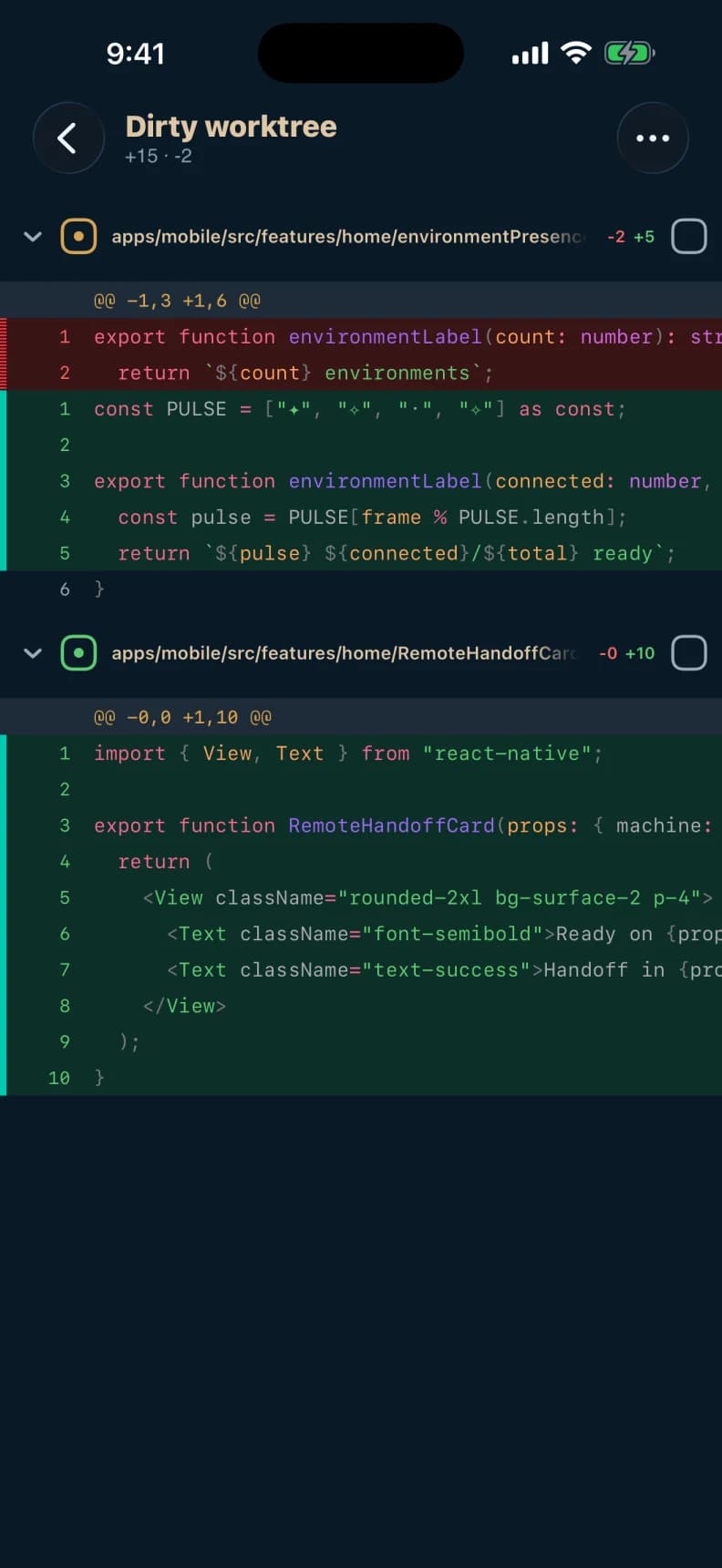 Lecturn iPhone code review showing a synthetic project diff