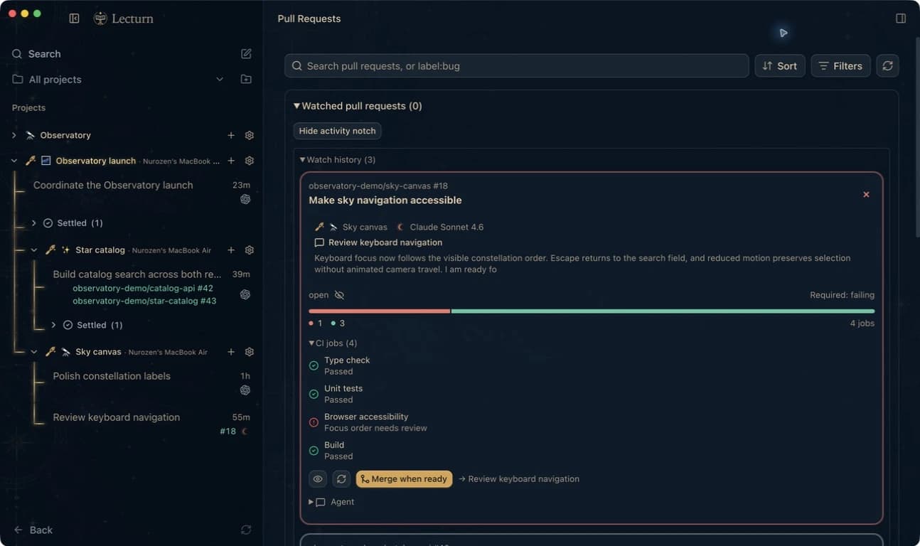 Lecturn pull request view with sample CI jobs, managing conversation, and agent handoff controls
