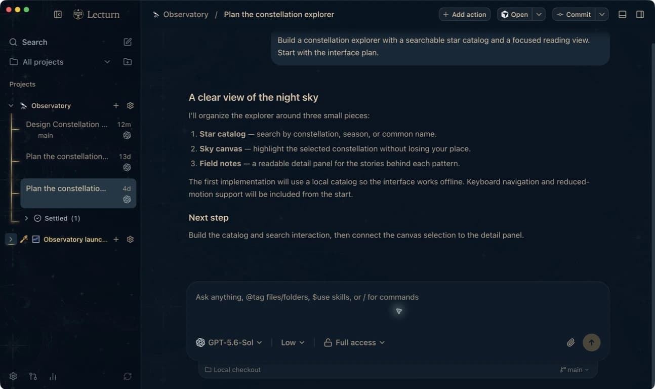 Lecturn demo workspace showing a coding conversation and the project sidebar, using fictional sample content